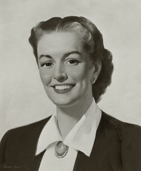 Head and shoulders portrait of Irma Harding, a fictitious person. This portrait was painted for International Harvester Company to be used by International Harvester in advertising and merchandising its line of refrigeration products.