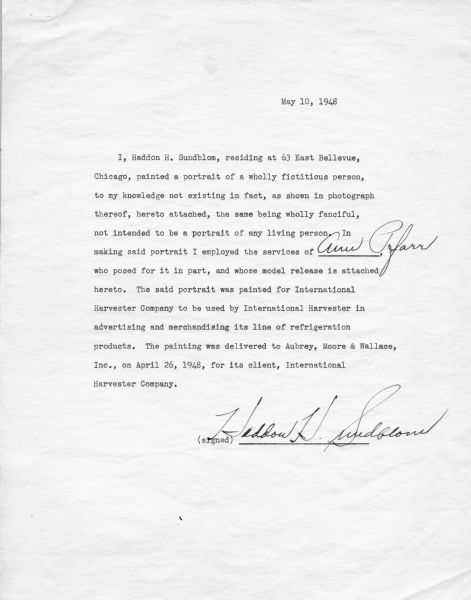 Haddon H. Sundblom's contract indicating the use of Ann Pfarr as model for his creation and depiction of IH home economist Irma Harding.