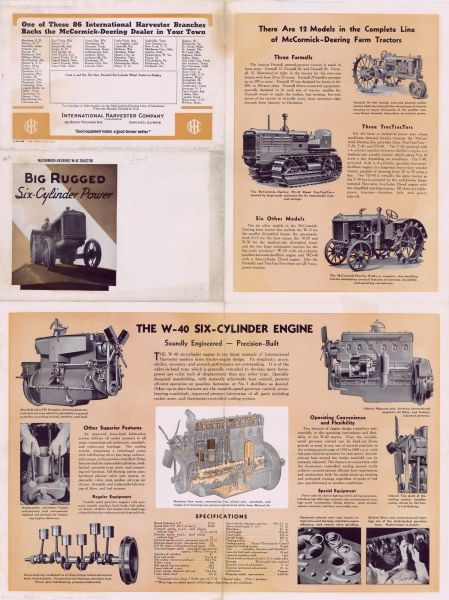 Advertising poster for the McCormick-Deering W-40 tractor. The leaflet folds to allow for easier delivery. Text on front reads: "Big Rugged Six-Cylinder Power." Lower section of poster features views of the W-40 six-cylinder engine.