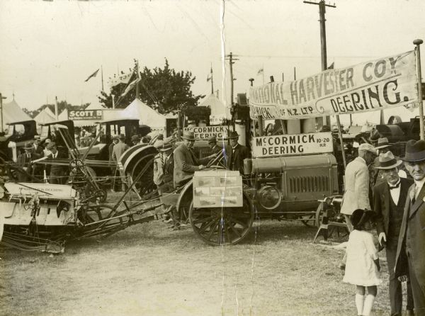 Display event of the International Harvester Company of New Zealand. Showcases a McCormick-Deering 10-20 as well as various International tractors, implements, and trucks.