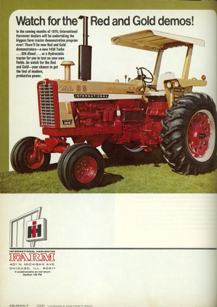 International Harvester Gold Demonstrator advertisement from the <i>IH Farm</i> magazine. Headline reads: "Watch for the Red and Gold demos!"
