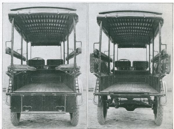 Page from an International Motor Trucks catalog entitled "International Motor Trucks With Special Bodies for Bus and Transfer Service." Rear views highlight the folding seats for passengers of an International Bus. Original caption reads: "International Motor Truck shown on opposite page equipped for passenger work. The same truck with the seats folded back out of the way for heavy hauling."