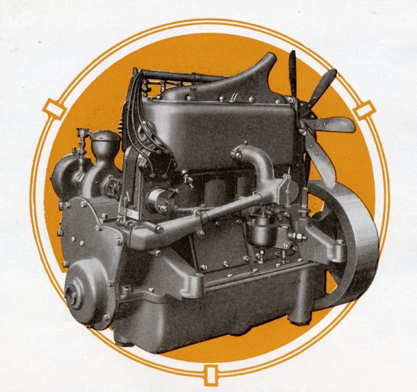 Illustration of an International Bus Engine. Original caption reads: "International engines are designed, built and tested to stand the strain of constant every-day service. Sturdiness, simplicity, accessibility, ample power with economy in fuel and oil, are features of the International engine. [T]he four cylinder, block-cast, long-stroke type with great flexibility and a wide margin of surplus power. Connecting rods are I-beam drop-forgings, and the crank shaft is an open hearth steel drop-foraging. Adjustable valve rods are operated by a cam shaft entirely enclosed in the crank case. Valve stems and springs are enclosed but are accessible through a removed plate. Proper lubrication with minimum oil consumption is insured by a constant-pressure feed system, such as used only on high-grade, expensive engines. With the dash type radiator and sloping hood, spark plugs, magneto, carburetor, pump and all engine parts are easy to reach for adjustment and the radiator is better protected. Illustration shows type of engine in the 3/4, 1 and 1 1/2 ton International Motor Trucks."