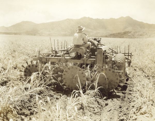 Rear view of man driving a Farmall tractor in a field. Used by the Kiluea Plantation, Island of Kauai. It is called an Australia Spinner, mounted on a Farmall and used for hoeing sugar cane. Replaces about twenty-seven men with hoes. Mountains are in the background.