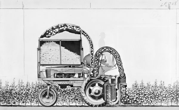 Cutaway left side profile view illustration of cotton picker on Farmall M tractor, including the silhouette of a man sitting at the controls. Writing on the bottom of negative states that the image was intended for inclusion on pages 8-9 of a "cotton picker catalog" with "bleed" and color outline.