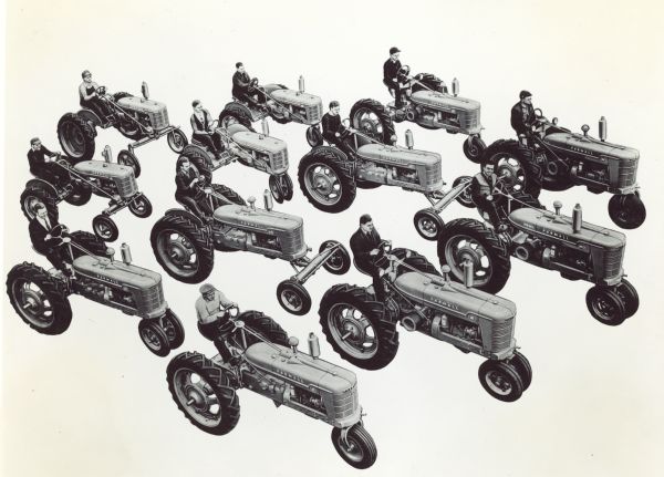 Illustration of a three-quarter elevated view from front right of 12 men on 12 Farmall tractors, including A, AV, B, H, M, and MD.