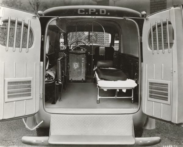Rear view of interior of specially built 2 seated emergency mobile patrol truck owned by the Cleveland Ohio Police Department.