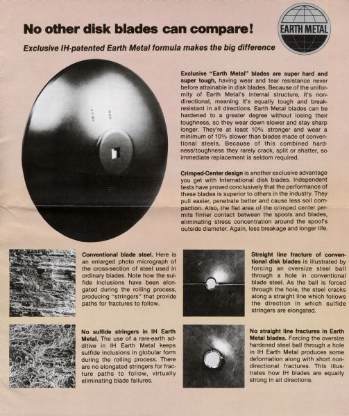Back of a "Get The Red Edge" advertisement mailer for IH patented Earth Metal disk blades. Text highlights the "super hard and super tough" disk blades that boast "no straight line fractures." Includes photo micrographs of steel and IH Earth Metal.