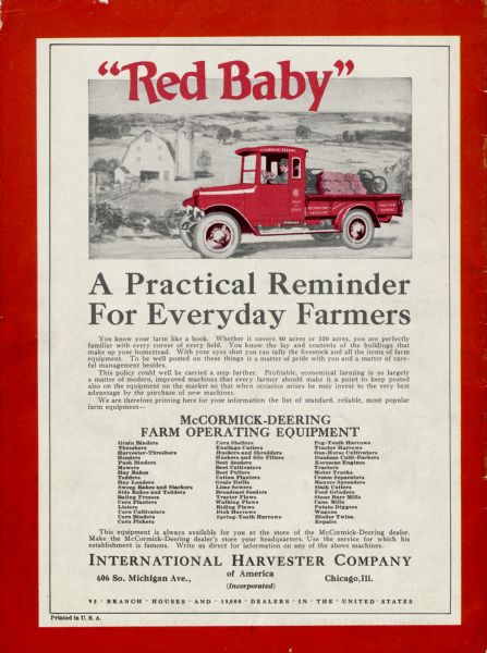 Back cover of a magazine reprinted from "Farm Mechanics Magazine," Chicago. Advertisement features an illustration of a man driving the "Red Baby" IHC Sales and Service truck carrying equipment and supplies in the truck bed. There is a farm scene in the background.