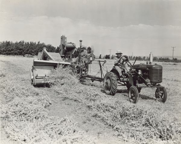 Three-quarter view from front right of a man driving a Farmall A tractor pulling a man sitting on a McCormick-Deering No.61 Harvester-Thresher with bagger and rotary weed screen.