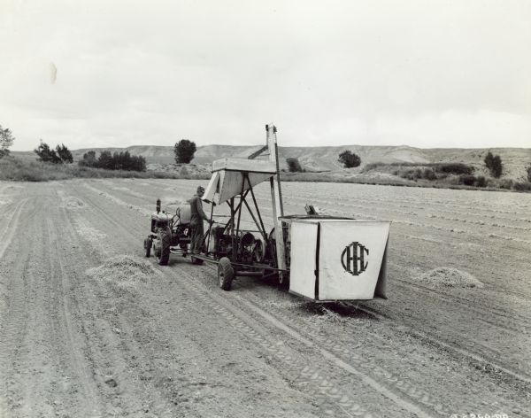 Three-quarter view from left rear of two men working in a field with a Farmall A tractor and No. 61 combine in a field of Great Northern beans on 100-acre farm of Ralph Lyda.