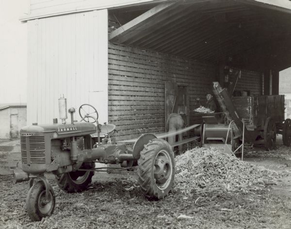 Farmall B tractor parked just outside an open-sided farm building. The tractor is powering a corn sheller inside the barn, where a man is standing and shoveling corn into the sheller. Another man is bending over nearby and appears to be pulling corn out of the crib built into the side of the barn. A wagon behind the sheller is set up under the chute to receive the corn.