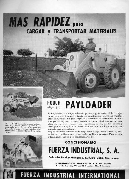 Leaflet for International Harvester Company of Cuba regarding Industrial Power (Fuerza Industrial, S.A.). Features men using the "Hough (diga jof)" which translates as "say huff."