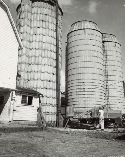 View across farmyard towards a man working with a No. 2 ensilage and forage blower near a barn and two silos. Bowman dairy farm.