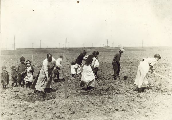 Men, women and children at work in community gardens at 38th and St. Louis streets in Chicago.