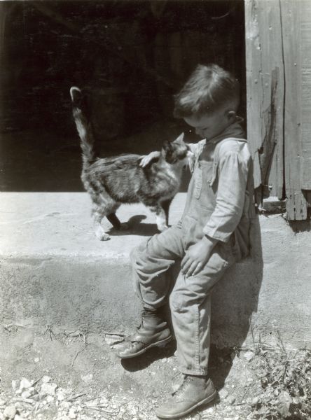 Young child sitting in an open doorway petting a cat.