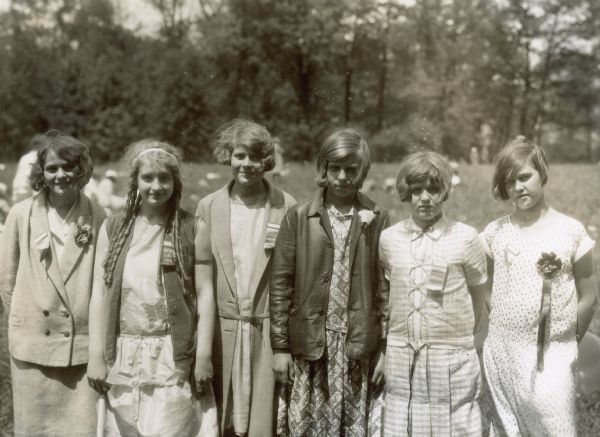 Outdoor group portrait of eighth grade girls — rural school festival. All the girls are wearing ribbon badges that read: "Cook County Health Contest."