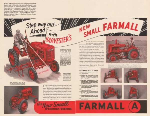 "Step Way Out Ahead with Harvester's New Small Farmall." Mailer showcasing the new Farmall A and its Culti-vision.