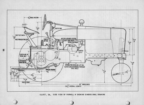 Dimensional drawing of a Farmall M illustration taken from a "Serviceman's guide for Farmall M" manual, page 22.    
