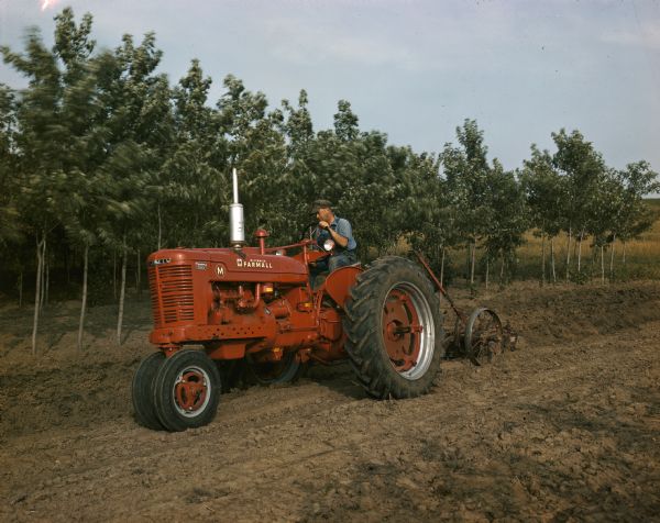 Three-quarter view from front left of a man operating a Farmall M for plowing a field. A straight row of trees is visible in the background. 