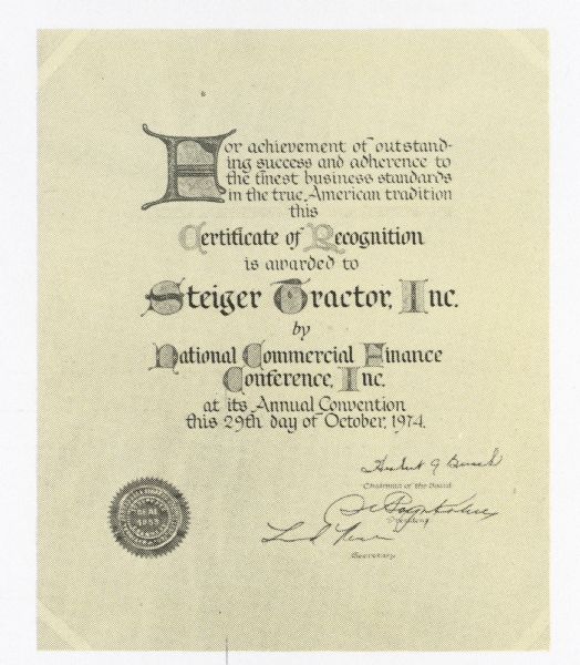 Reproduction of an award in a 1974 Annual Report for Steiger Tractor, Inc.
