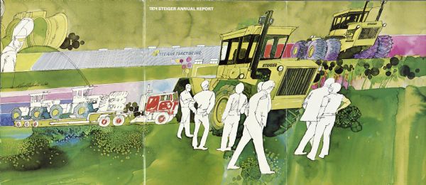 Cover (including back cover and fold-over) with an illustration of men standing outdoors near Steiger tractors and factory buildings.