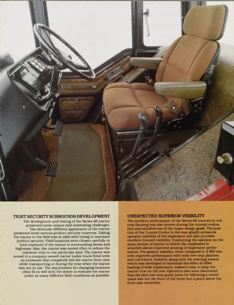 Page from brochure describing the cab of a Series 88 tractor.