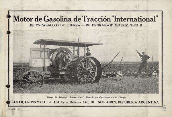 Front cover of brochure, in Spanish, for Argentina. Features a photograph of a man driving a tractor in a field. A man is standing on an implement being drawn by the tractor.