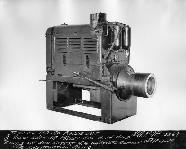 Original caption reads: "Title — PD-40 Power Unit. 3/4 view showing pulley end with hood sides on and latest air cleaner screen. For instruction books. Neg. No GP 10269. June-1-34."