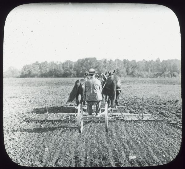 Rear view of a man on a horse-drawn peg tooth harrow working in a field. Lantern slide. 