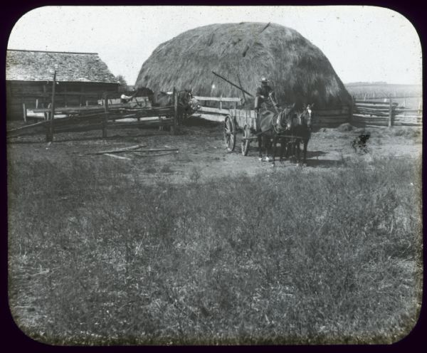 View across pasture towards a man sitting in a wagon full of hay, driving a team of two horses. There is a large haystack behind the wagon, and a man is loading another horse-drawn behind a fence near a farm building. Lantern slide. 