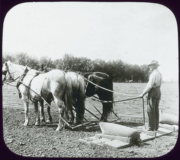 Three-quarter view from left rear of a man standing on a drag or float pulled by a team of three horses in a field. The wooden draq is weighted down on the left and right by sandbags. Lantern slide.