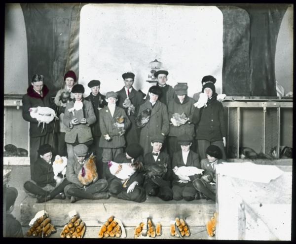 Group portrait of young men posing, some sitting and others standing. The young men are each holdig a chicken, and ears of corn are stacked on the floor in groups in front of them. In the background is a birdcage hanging from the ceiling, and a white backdrop. Hand-tinted lantern slide.