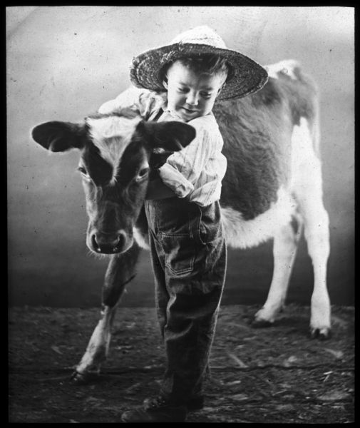 A boy wearing a straw hat, shirt and overalls has his arms around the neck of a calf. Lantern slide.