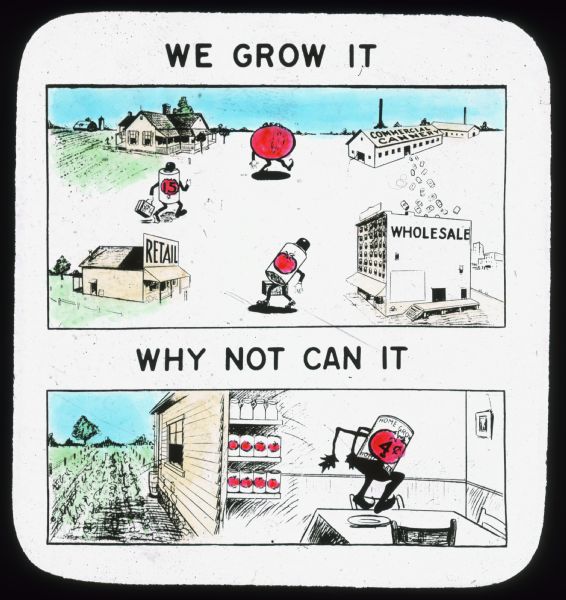 Chart with two illustrations. The top one is labeled "We Grow It" and is above an illustration of a tomato, and a can with a value of 15¢, both walking towards a commercial cannery, which is sending canned tomatoes to a building labeled "Wholesale," and then the can of tomatoes walking to a Retail store. The bottom illustration is labeled "Why Not Can It" and shows a field next to a house, and a sectional, cut out view of a building with a view of the inside showing a can of tomatoes with a value of 4¢ jumping off a shelf onto a plate on the table.