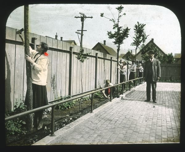 A man is standing on a brick walk near young men and women tending to trees and plants between a tall wood fence and a pipe railing running along the walk. Houses are in the background on the other side of the fence. Hand-tinted lantern slide.
