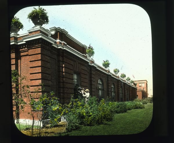 A man is  planting along #8 — Stable of a factory. Stone urns along the edge of the rooftop have plants and flowers in them. Hand-tinted lantern slide.