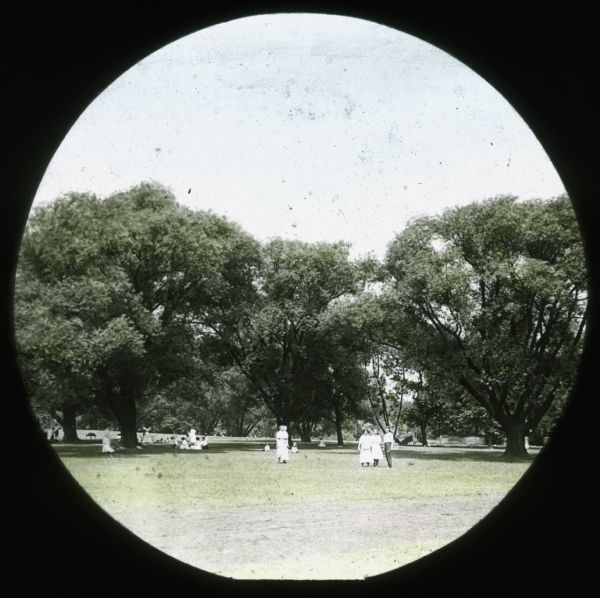View across path and lawn towards groups of people among trees in a public park. Hand-tinted lantern slide.