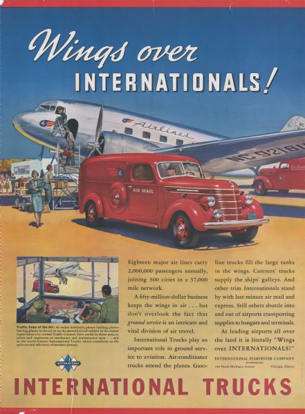 Advertising poster for International trucks. Features a color illustration of an air mail delivery truck next to a twin propeller cargo plane. Poster text reads: "Wings Over Internationals!"