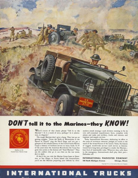 Advertising proof. In the foreground of the illustration is a Marine driving a jeep. In the background marines are working with artillery. On the bottom left is the emblem of the United States Marine Corps.