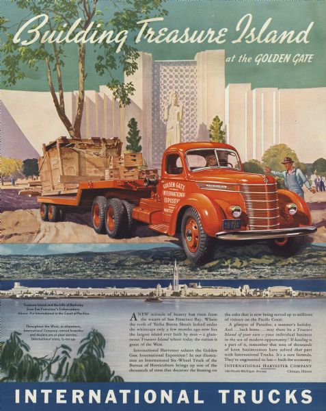 Advertising proof. Features an illustration of a man driving a truck in the Court of Pacifica. Below is Treasure Island and the hills of Berkeley.