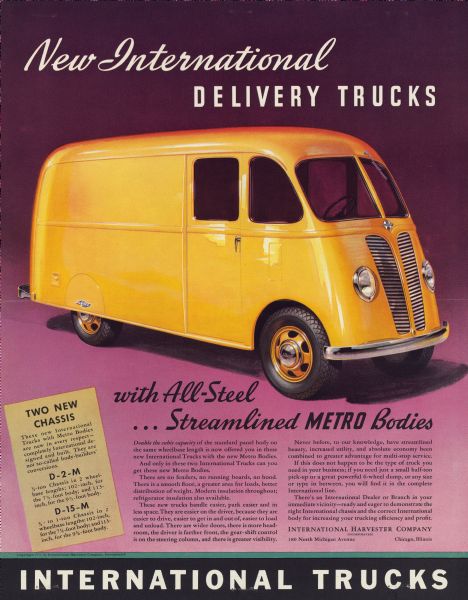 Advertising proof. The illustration is of a yellow delivery truck on a gradated purple background. Title above text reads: "with All-Steel... Streamlined Metro Bodies."