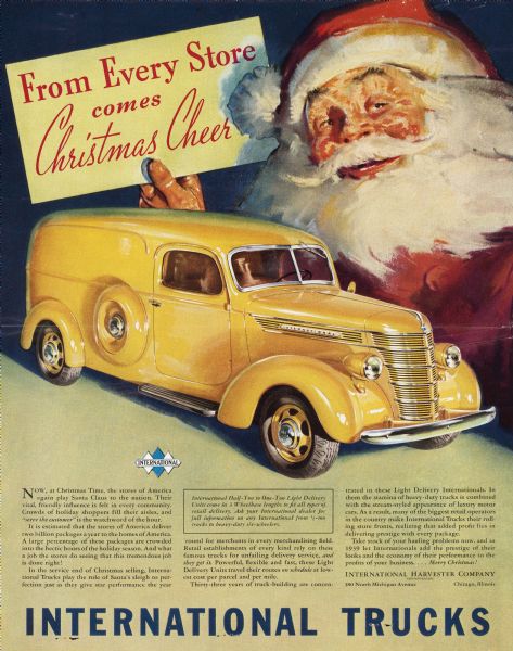 Advertising Proof. The illustration shows Santa holding a card with the headline: "From Every Store comes Christmas Cheer." Below is a yellow International truck, and the triple diamond logo. Text is at the bottom, with text inside a box that reads: "International Half-Ton to One-Ton Light Delivery Units come in 3 Wheelbase lengths to fit all types of retail delivery. Ask your International dealer for full information on any International from 1/2-ton trucks to heavy-duty six-wheelers." 
