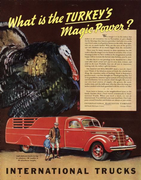 Advertising proof. The illustration is of a turkey above a man and boy standing next to a truck. Text at bottom left reads: "Light-delivery trucks to big 6-wheelers — 30 models in 99 wheelbase lengths."