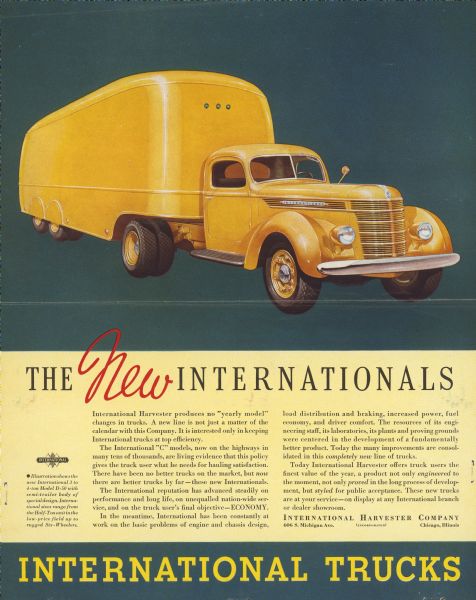 Advertising proof. Illustration of a yellow truck. Text at bottom left below the triple diamond logo describes the illustration: "Illustration shows the new International 3 to 4-ton Model D-50 with semi-trailer body of special design. International sizes range from the Halt-Ton unit in the low-price field up to rugged Six-Wheelers."