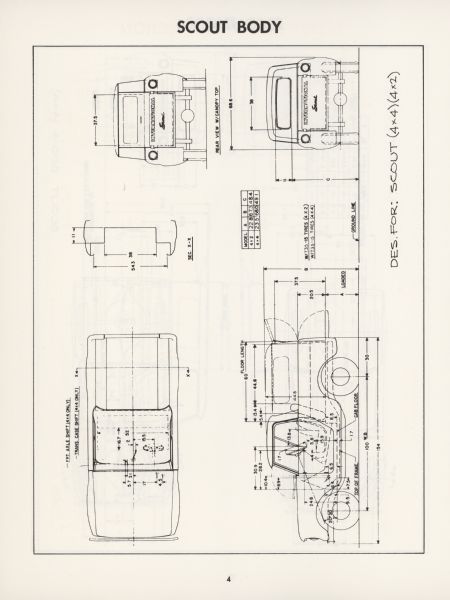 Diagram drawing of a Scout body with the title: "Des. For: Scout (4x4)(4x2)." From a booklet titled: "Body Builder Chassis Diagrams, International Scout and Light Duty Models."
