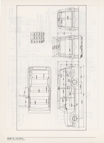 Diagram drawing of a Scout body. From a booklet titled: "Body Builder Chassis Diagrams, International 'C' Models and Scout."