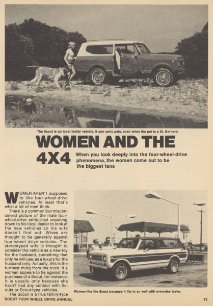 First page of an article in "Scout Four Wheel Drive Annual." Subtitle reads: "When you look deeply into the four-wheel-drive phenomena, the women come out to be the biggest fans."