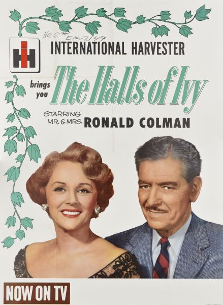 The poster features a photograph of Ronald Colman and Benita Hume, and text that reads: "International Harvester brings you <i>The Halls of Ivy</i> Starring Mr. & Mrs. Ronald Colman, Now on TV."