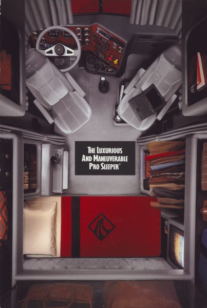 Inside cover of a 4 page brochure for the International® from Navistar 9200, 9300 and 9400 Eagle. Features an overhead inside view of the Pro Sleeper, with text that reads: "The Luxurious And Maneuverable Pro Sleeper®."